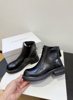品牌订单真皮马丁靴女平底短靴子后拉链秋冬新款粗跟休闲软皮休闲