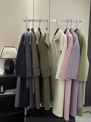 品牌订单高端新款双面撞色羊绒大衣设计感大翻领系带长款羊毛外套