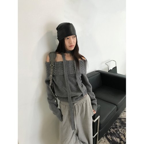 Freecell翻折边一字肩毛织套头衫2024秋季显瘦洋气针织衫03815