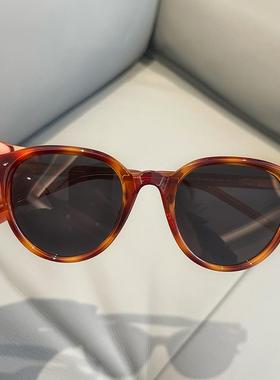 49mm日系复古玳瑁色圆框太阳镜女开车偏光墨镜可配近视眼镜茶色男