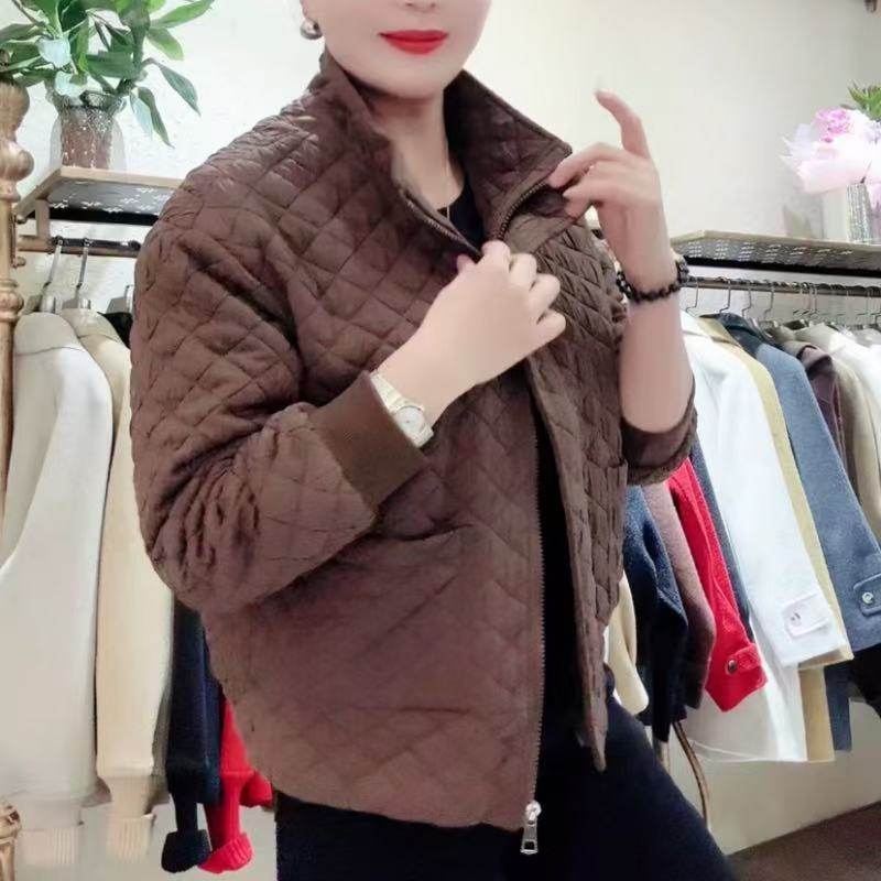 时尚显瘦女士拉链压格外套2025宽松百搭中老年夹克上衣休闲妈妈装