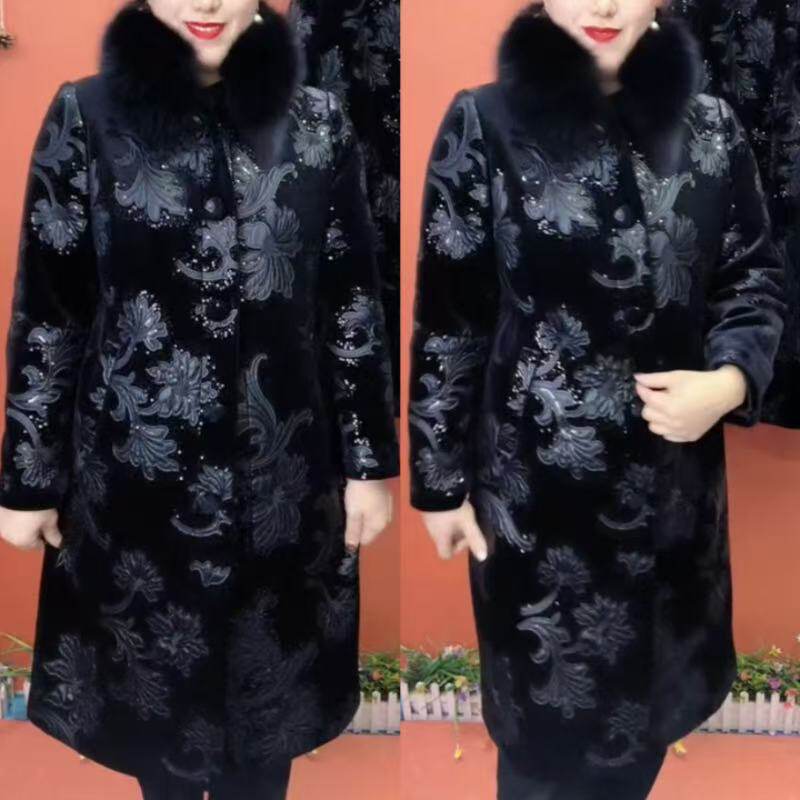 冬季新款时尚毛领金丝绒加棉加厚大衣洋气百搭中老年女士过冬棉服