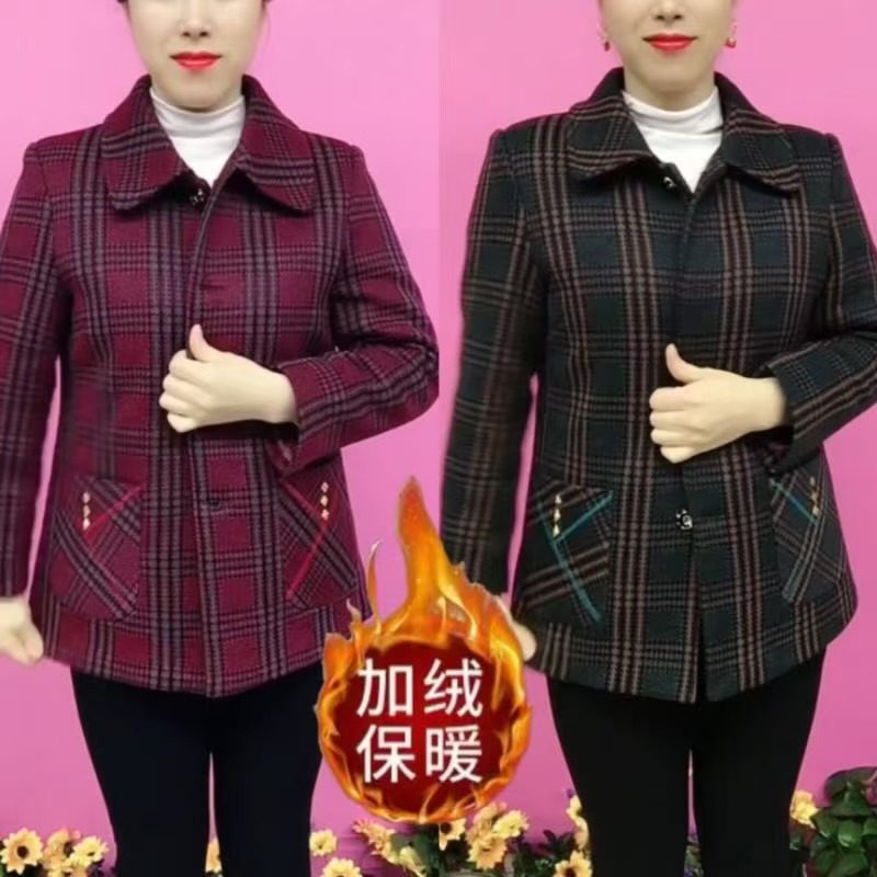 中老年人加绒女装奶奶秋冬翻领格子外套60岁70岁妈妈春秋保暖上衣