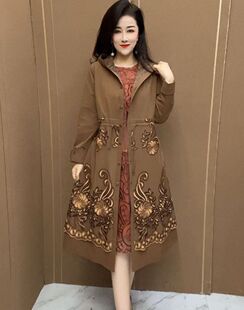春夏季重工刺绣女士风衣外套连帽收腰中长款大衣洋气时尚妈妈装新