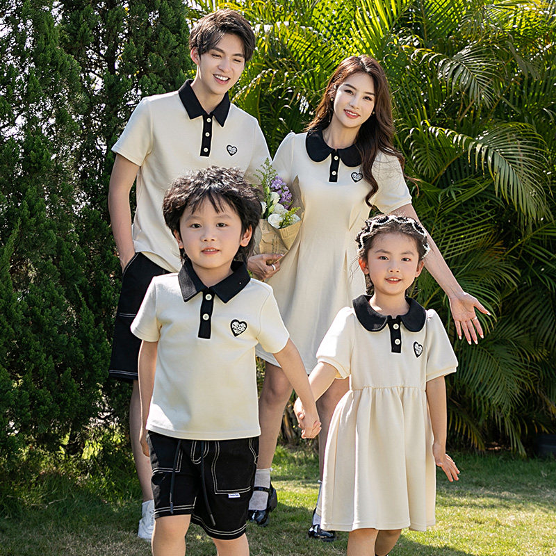 亲子装幼儿园POLO衫夏装一家三四口全家服母女连衣裙短袖牛仔裤潮