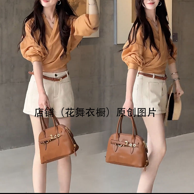 2025年夏季新款时尚气质复古黄色衬衫白色短裤休闲运动两件套装潮