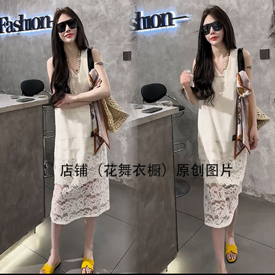 2025年夏季新款网红爆款欧货圆领洋气减龄时尚蕾丝拼接设计感女潮