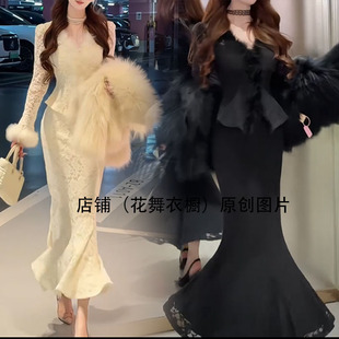 连衣裙女高级感显瘦气质套装 气质名媛重工轻熟法式 风毛绒拼接长袖