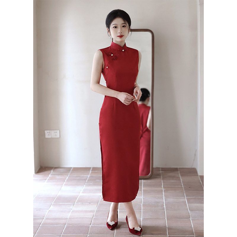 洛士夏季新款结婚新中式晨袍新娘礼服裙敬酒服红色2024旗袍无袖订