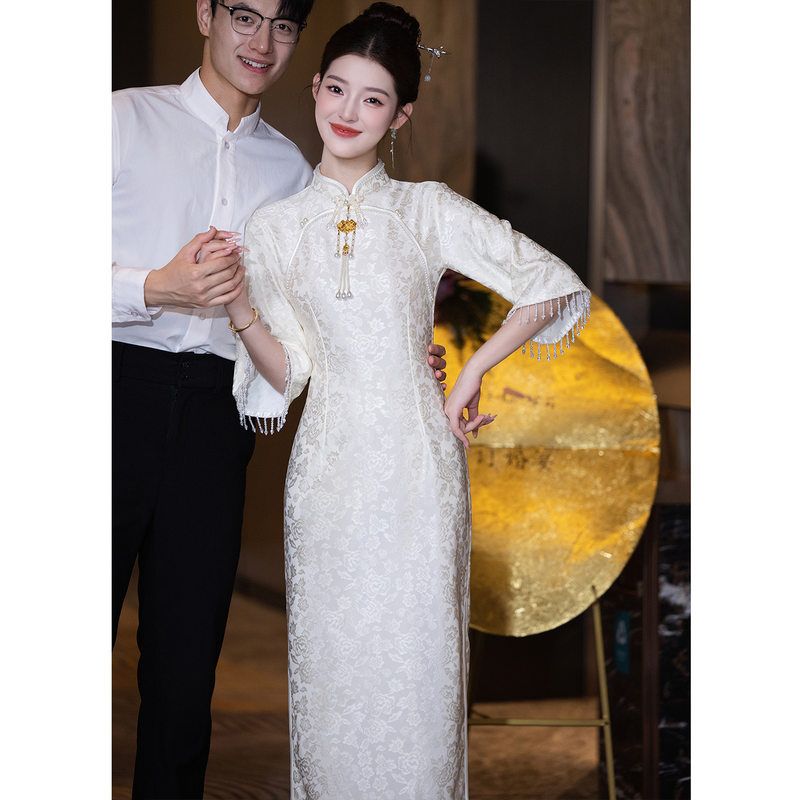 洛士白裙礼服领证小旗袍白色绝美订婚新中式小个子连衣裙日常登记