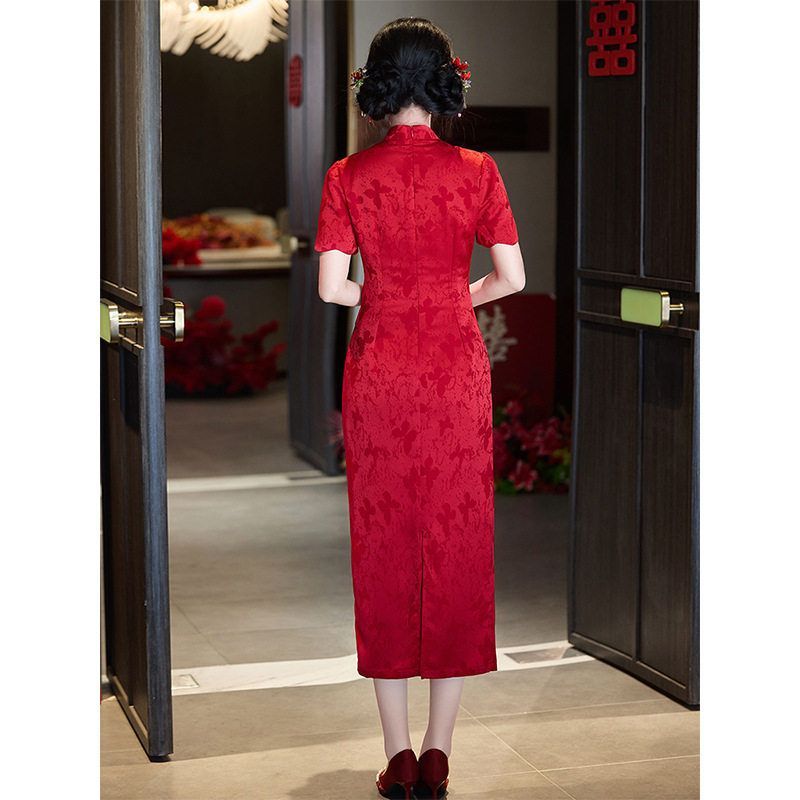洛士敬酒服年轻礼服裙红色新中式新娘提花旗袍新款2025夏季订婚款