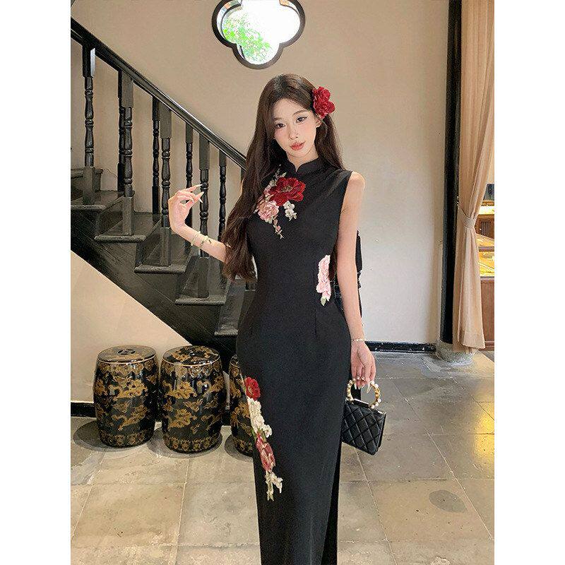 洛士日常新款2025黑色夏季大气女改良贴花上档次连衣裙新中式高端