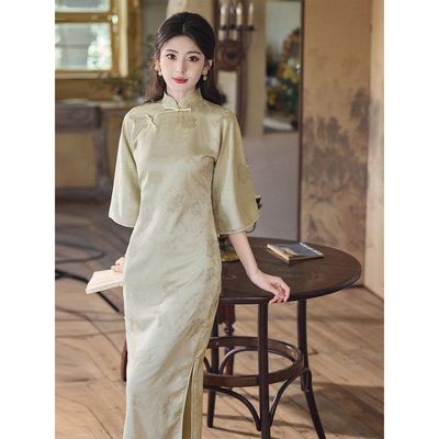 洛士绿色古法素雅新款倒大袖秋季2025开襟复古日常气质可穿旗袍全