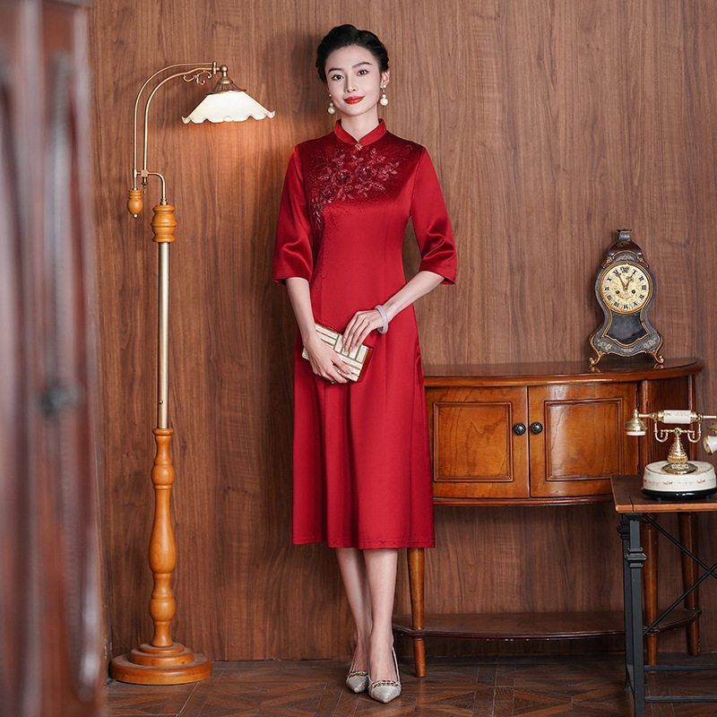 奕雯年轻妈妈装复古中式立领长结婚礼服旗袍裙喜婆婆大码高贵婚宴