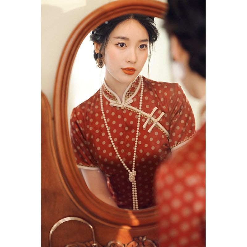 爱旗民国中式老上海2025长款新款短袖女礼服改良旗袍波点红色国风