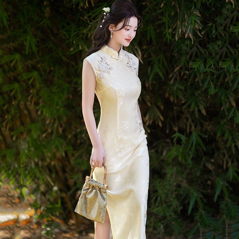 爱旗旗袍新中式短袖香槟色款长款复古女年轻夏季无袖改良国风2025