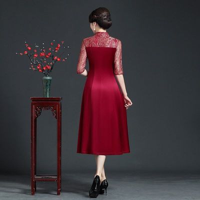 奕雯婚礼2023旗袍妈妈装大码宴会连衣裙醋酸旗袍长款礼服春夏中袖