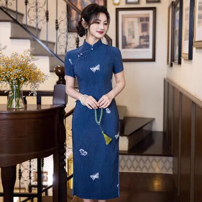 苏瑾侧扣2026藏青色TR棉麻旗袍