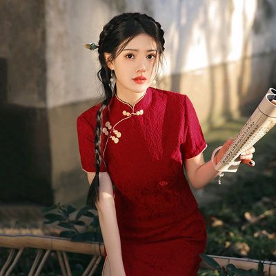 爱旗女新中式连衣裙小个子复古短款夏季2025改良旗袍蕾丝新款日常
