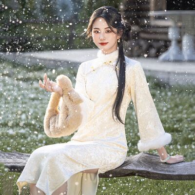 爱旗款女长袖旗袍加绒修身年轻