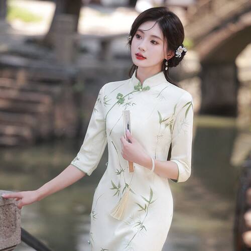 名丽绒旗袍裙女装仟金中袖长款修身公主新品春季麂皮旗袍复古连衣
