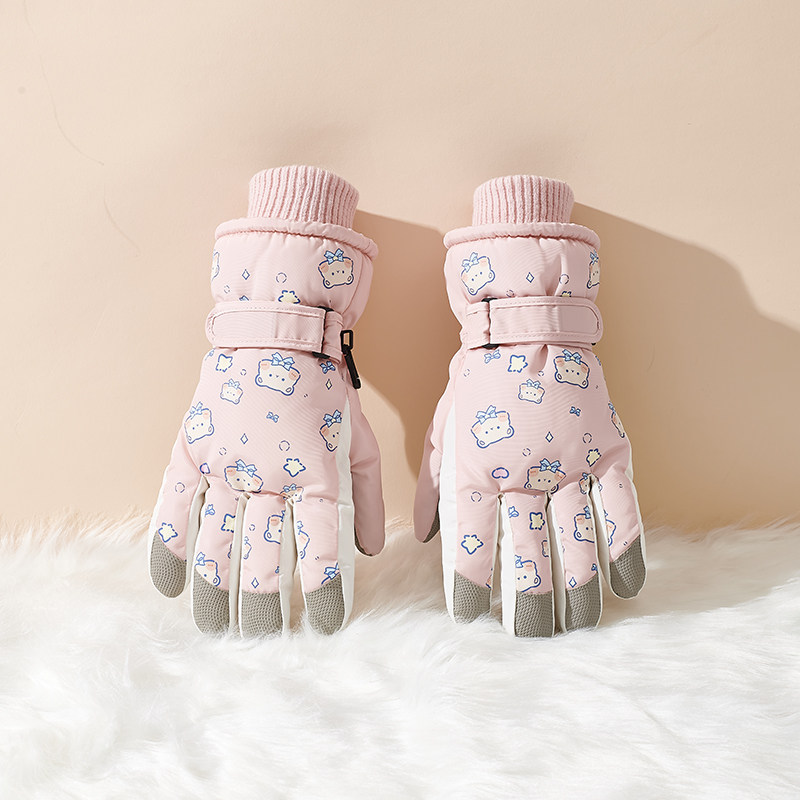 儿童滑雪手套冬季女卡通可爱棉保暖加绒加厚女童冬天亲子玩雪防水
