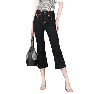 喇叭八分牛仔裤女小个子修身显瘦高腰设计感黑色七分裤加绒厚冬款