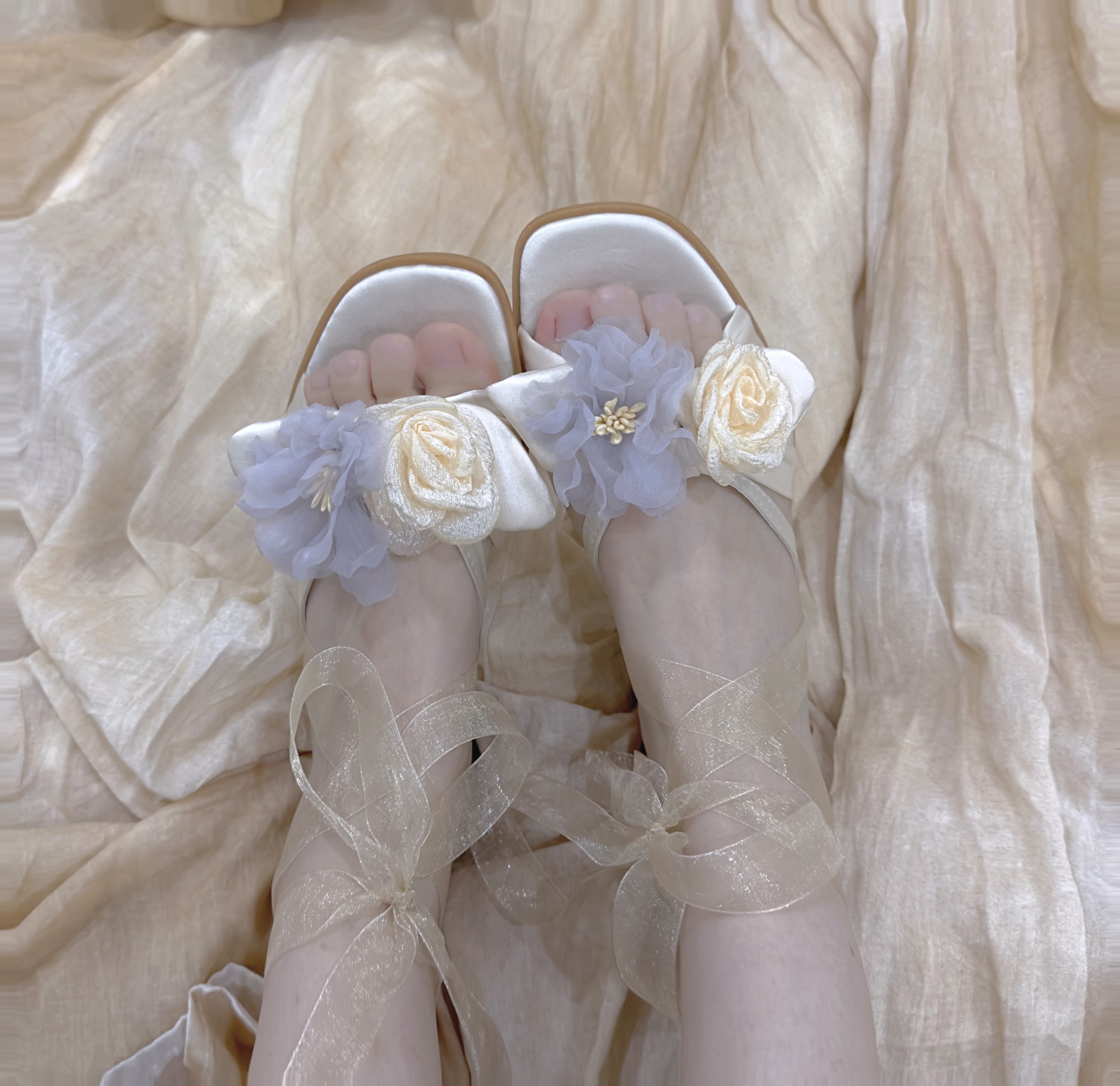 平底凉鞋女夏季温柔仙女风蝴蝶结真丝方头绑带芭蕾舞鞋山茶花嫁