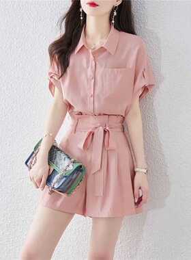 短袖衬衫阔腿短裤两件套夏季新款时尚设计感舒适套装森女洋气宽松