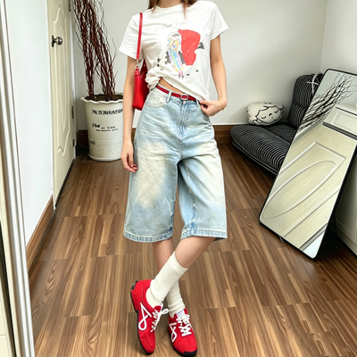 复古浅蓝阔腿牛仔裤女夏季新款