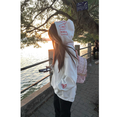 美式字母小火苗刺绣连帽卫衣