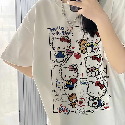 HelloKitty短袖t恤女大童2025新款初中高中学生宽松纯棉半袖上衣