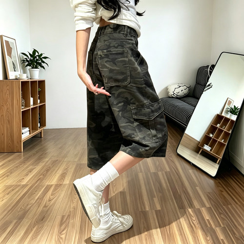 美式迷彩灰工装七分裤女夏季薄款
