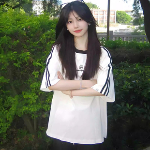 美式 纯棉白上衣 撞色三条杠短袖 t恤女大童初中高中生潮牌宽松半袖
