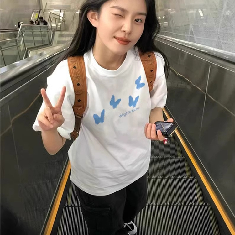 夏季纯棉白色短袖t恤女设计感美式半袖大童初中高中学生宽松上衣