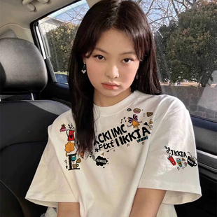 纯棉白色正肩短袖t恤女夏季大童初中高中学生设计感美式半袖上衣