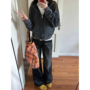 美式复古短款卫衣女春秋冬加绒加厚慵懒风大童初中高中学生外套潮