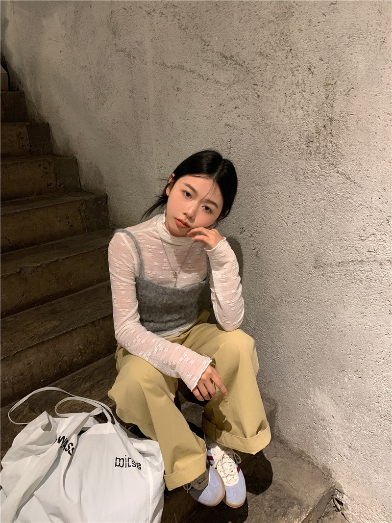 KOREAN HIGH-NECK JACQUARD LACE SHIRT WOMENS 2024 SPRING NEW SLIM SLIM AND THIN BASE SHIRT + SLEEVELESS VEST SUSPENDERS