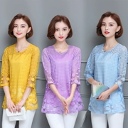 Áo voan nữ 2018 xuân hè size lớn tay áo nữ buông tha dài phần ren đáy áo sơ mi béo mm - Áo sơ mi chiffon ren