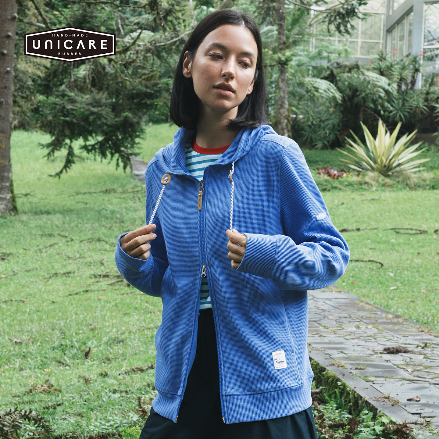 UNICARE户外运动休闲卫衣女华夫格宽松连帽开衫拉链外套上衣2026