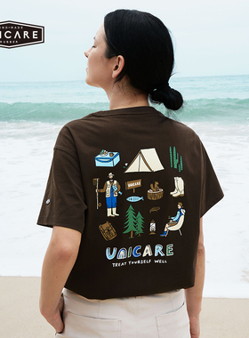 UNICARE插画春夏短袖女 圆领T恤 户外复古运动休闲上衣 2025新款