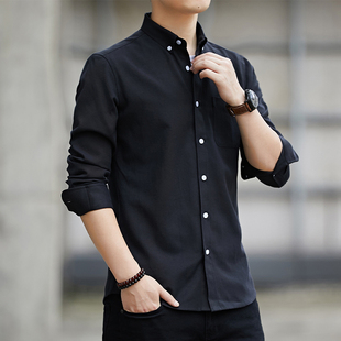 男士 衬衫 休闲排扣寸衫 韩版 衬衣外套 2025春夏新款 潮流黑色春季 长袖