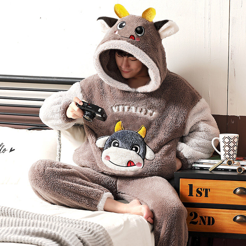 男士睡衣冬季珊瑚绒加厚加绒青年保暖秋冬款法兰绒卡通家居服套装
