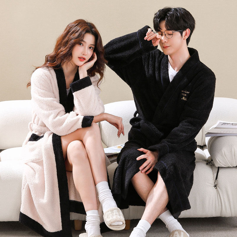 秋冬季加厚加绒睡袍法兰绒浴袍男