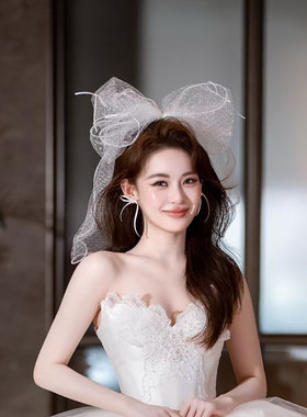 森系白色网纱蝴蝶结新娘头纱婚礼写真造型发饰超仙道具