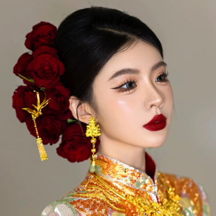 新中式新娘头饰红色玫瑰花发簪中式龙凤褂晨袍发饰秀禾服旗袍配饰