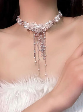 珍珠花朵流苏项链女轻奢小众设计感锁骨链高级感颈链
