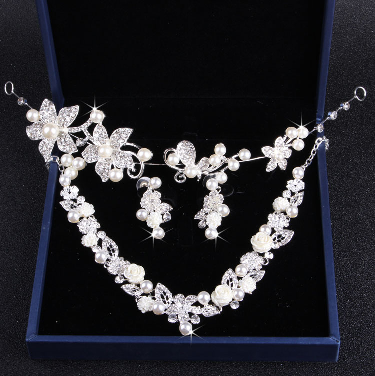 新款新娘套链 韩式新娘结婚花朵珍珠项链 皇冠头饰项链耳环三件套