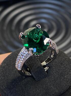 豪华镶嵌925纯银镀18K金女款冰花切祖母绿鸽子蛋戒指女开口可调节