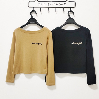 3129外贸女装长袖一字领短款上衣